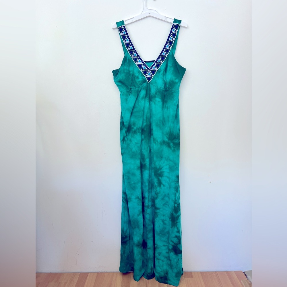 NWOT Vintage INC Int'l Concepts Green Tie Dye Size M Beaded Maxi Dress